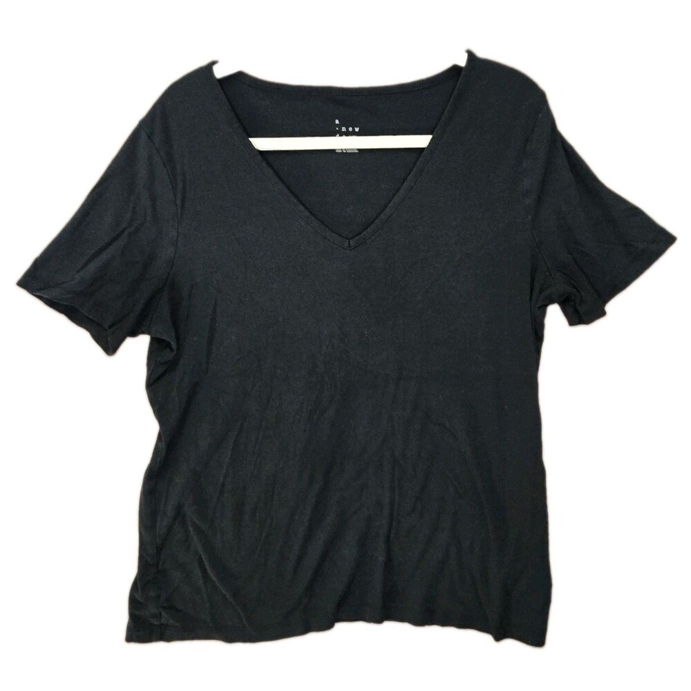 A New Day Women Black V Neck Short Sleeve Knit Top Size 2XL Regular Basic Tee
